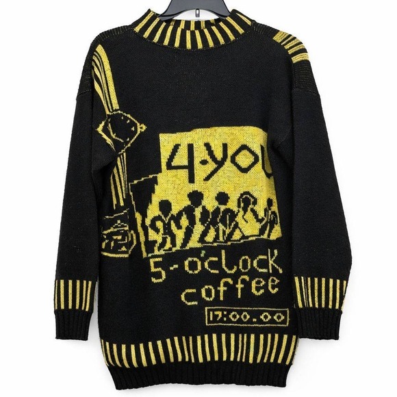 Vintage 5 OClock Coffee Graphic Sweater Novelty Retro Cafe Knit Pullover